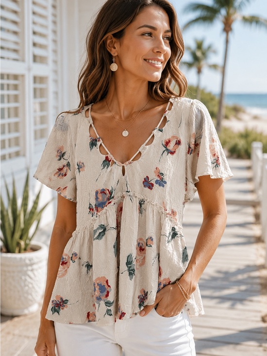 Lucky Brand Tops - Lucky Brand Floral Peplum Blouse Small Cream Flutter Sleeve Lined Cottagecore
